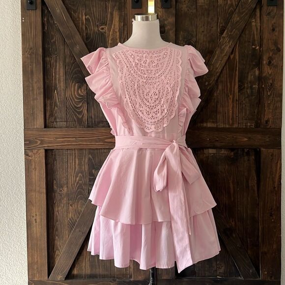 SWEET TALKIN' HALTER Flutter Sleeve Crochet Lace Overlay Romper Dress Waist Tie - Picture 7 of 16